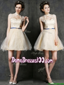 See Through High Neck Short Dama Dress with Sashes and Lace