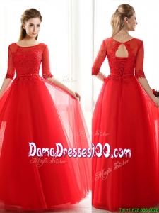 See Through Scoop Half Sleeves Red Dama Dress with Lace and Belt