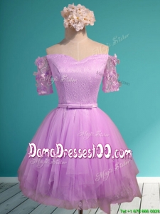 Sweet Lilac Off the Shoulder Short Sleeves Dama Dress with Appliques and Belt