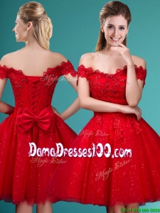 Wonderful Off the Shoulder Cap Sleeves Dama Dress with Beading and Bowknot