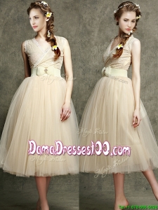 Cheap Champagne V Neck Dama Dress with Belt and Bowknot
