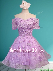 Classical Off the Shoulder Lilac Dama Dress with Appliques and Beading