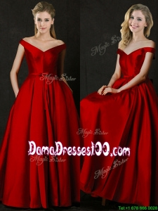 Latest Bowknot Wine Red Long Dama Dress with Off the Shoulder