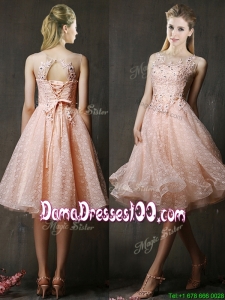 See Through Beaded and Applique Peach Dama Dress with Polka Dot