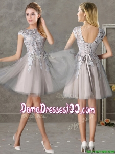 Most Popular Bateau Cap Sleeves Grey Dama Dress with Lace