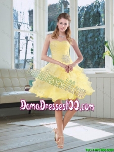 2015 Beautiful Light Yellow Beading Puffy Dama Dresses with Sweetheart
