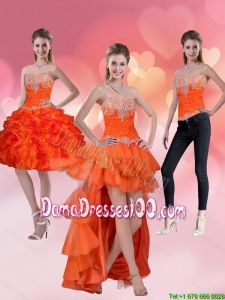 2015 Fall Beautiful High Low Sweetheart Orange Red Dama Dresses with Ruffles and Beading