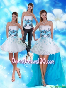 2015 Fall Beautiful Strapless White and Blue Dama Dresses with Appliques and Beading