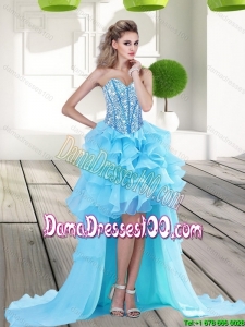 2015 Modest Aqua Blue High Low Cute Dama Dresses with Beading and Ruffles
