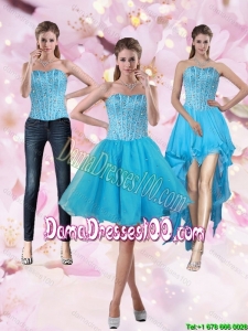 2015 Puffy Aqua Blue Strapless Short Cute Dama Dresses with Beading