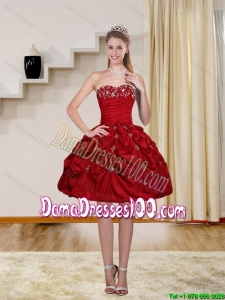 2015 Winter Ball Gown Red Strapless Dama Dresses with Embroidery