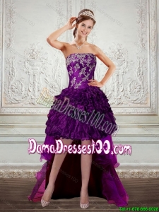 2015 Winter Beautiful Dark Purple Strapless Dama Dresses with Embroidery and Ruffles