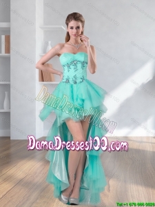 2015 Winter High Low Turquoise Sweetheart Beautiful Dama Dresses with Embroidery