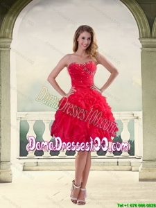 Beautiful Ball Gown Strapless Red 2015 Winter Dama Dresses with Ruffles and Beading