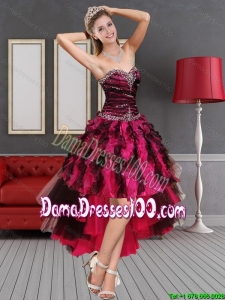 Beautiful Multi Color High Low Sweetheart Dama Dresses with Beading and Ruffles for 2015 Winter