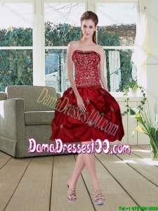 Wine Red Pretty Strapless 2015 Fall Dama Dresses For Quinceanera with Embroidery