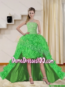 2015 Beautiful Spring Green High Low Group Buying Dama Dresses with Beading