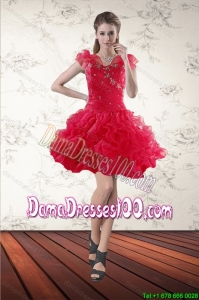2015 Fall Beautiful Beaded Sweetheart Red Dama Dresses with Ruffled Layers