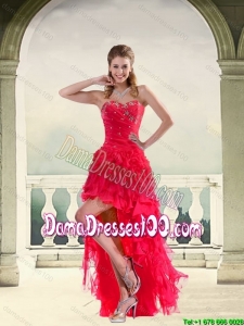 2015 Fall Coral Red Ball Gown Strapless Dama Dresses For Quinceanera with Ruffles and Beading
