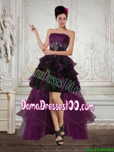 2015 Fall High Low Multi Color Strapless Dama Dresses For Quinceanera with Ruffles and Embroidery