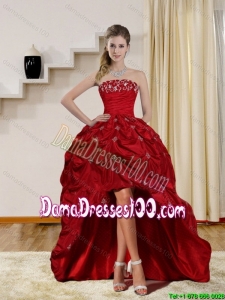 2015 Fall Pretty Strapless Red Dama Dresses For Quinceanera with Embroidery and Pick Ups