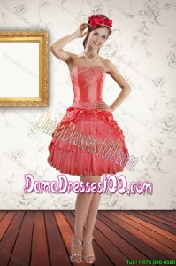 2015 Fall Strapless Coral Red Dama Dresses For Quinceanera with Ruffled Layers