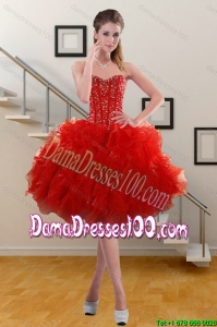 2015 Junior Sweetheart Ruffled Red Dama Dresses with Beading