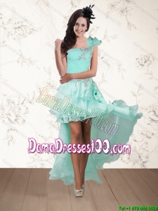 2015 Summer Apple Green One Shoulder Dama Dresses For Quinceanera with Embroidery and Hand Made Flower