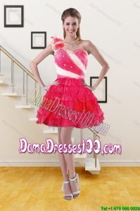 2015 Summer One Shoulder Dama Dresses For Quinceanera with Ruffled Layers and Hand Made Flower