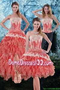 Beautiful 2015 Fall Appliques and Ruffles Strapless Dama Dresses in Watermelon