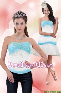 Classical 2015 Summer Strapless Column Appliques Dama Dresses For Quinceanera in White and Blue