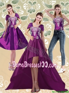 Classical High Low Embroidery Dark Purple Dama Dresses For Quinceanera for 2015 Fall