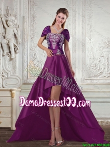 Dark Purple High Low Strapless Embroidery Cute Dama Dresses for 2015 Spring