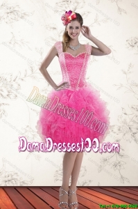 Fashionable Hot Pink 2015 Straps Cute Dama Dresses with Beading and Ruffles