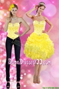Junior 2015 Sweetheart Yellow Dama Dress with Beading and Ruffles