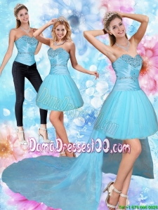Junior High Low Sweetheart Beading Dama Dresses in Baby Blue