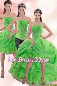 Junior Strapless Spring Green Dama Dress with Appliques and Ruffles