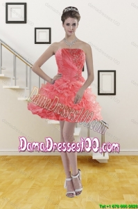 Junior Watermelon Red Strapless 2015 Dama Dresses with Beading