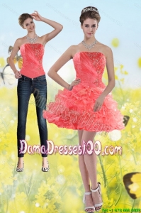 Fashionable 2015 Watermelon Red Strapless Cute Dama Dresses with Beading and Ruffles