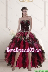 High Low Sweetheart Multi Color Group Buying Dama Dresses with Ruffles and Beading