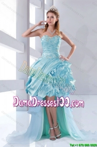 Discount Beaded Sweetheart High Low Ruffled Dama Dresses for 2015 Summer
