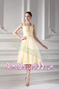 Empire Light Yellow Knee-length Short Dama Dress with Ruching
