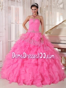 Hot Pink Ball Gown Strapless Floor-length Organza Beading Quinceanera Dress