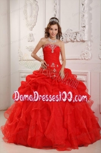 Red Ball Gown Strapless Floor-length Organza Beading And Ruffles Quinceanera Dress