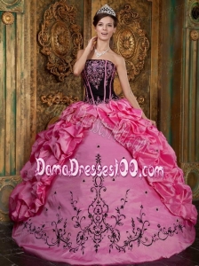 Rose Pink Ball Gown Strapless Floor-length Embroidery Taffeta Quinceanera Dress