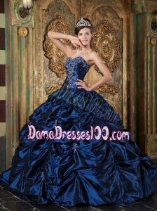 Navy Blue Ball Gown Sweetheart Floor-length Picks-up Taffeta Quinceanera Dress