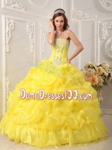 Yellow Ball Gown Strapless Floor-length Organza Beading Quinceanera Dress