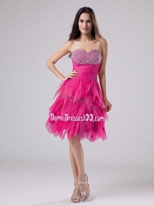 Beaded Decorate Bust Sweetheart Hot Pink Dama Dress With Ruffles