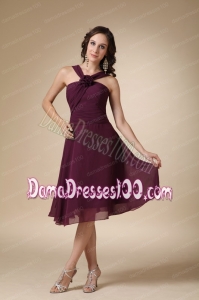 Dark Purple A-line V-neck Knee-length Chiffon Hand Made Flower Dama Dress