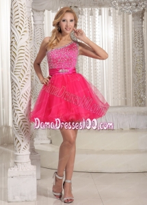 One Shoulder Beaded Decorate Bust Sweet Hot Pink Dama Dress